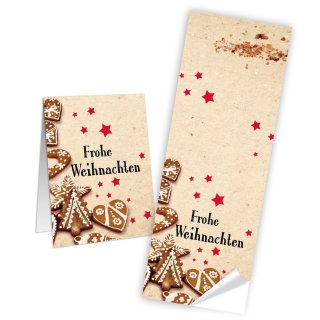 Frohe Weihnachten Aufkleber - 5 x 14,8 cm - beige Lebkuchen Sterne selbstklebend Weihnachtsverpackung