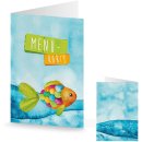 Bunte Men&uuml;karten orange blau t&uuml;rkis mit Regenbogenfisch - Speisekarte Taufe Kommunion
