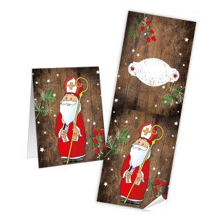 Nikolaus holzoptik Geschenkaufkleber - 7,2 x 21 cm - braun rot bunt beschreibbar verpacken weihnachtlich