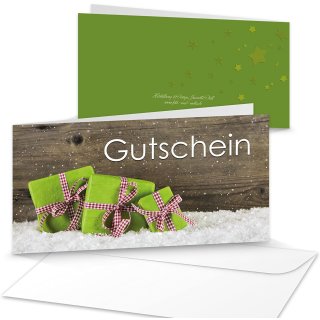 Weihnachten Gutschein Kundengutschein Geschenkgutschein 21 x 10,5 cm braun grün mit Kuvert  20 Stück