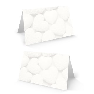 Tischkarten zum Beschriften mit weißen Herzen - Namensschild Sitzkarten Hochzeit 8,5 x 5,5 cm