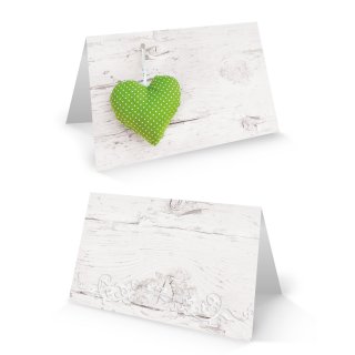Tischkarte 8,5 x 5,5 cm Holz-Optik weiß mit grünem Herz - kleines Kärtchen zum Beschriften
