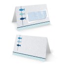 Tischkarte 8,5 x 5,5 cm 3 Fische blau wei&szlig; maritim - Namenskarte Platzkarte Taufe Kommunion