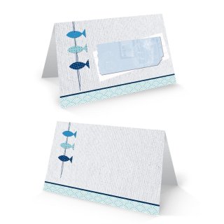 Tischkarte 8,5 x 5,5 cm 3 Fische blau weiß maritim - Namenskarte Platzkarte Taufe Kommunion 25 Stück