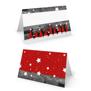 Weihnachtliche Tischkarte 8,5 x 5,5 cm rot weiß grau mit Nikolausmützen - Tischdeko Weihnachtsfeier