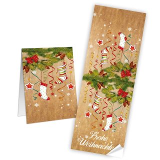 Frohe Weihnachten Aufkleber länglich 7,2 x 21 cm braun bunt rot Paketaufkleber Nikolausstiefel 10 Stück