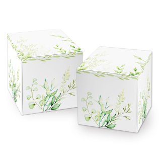 Kleine Geschenkboxen quadratisch grün weiß Eukalyptus Blätter 7 cm