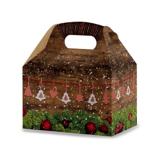 Weihnachten Geschenbox mit Henkel in Holzoptik - 12,5 x 18,5 x 12 cm - braun grün rot 5 Stück