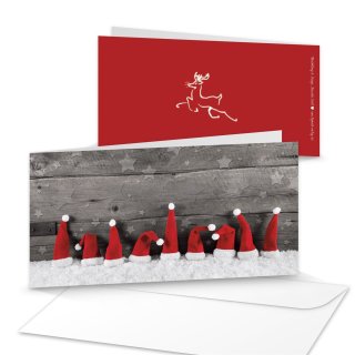 Umschläge + Weihnachtskarten DIN lang Klappkarten Holz-Optik mit Zipfelmützen-Motiv rot weiß 3 Stück
