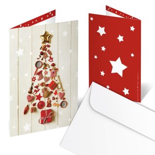 Briefumschläge + Weihnachtskarten DIN A6 hoch Klappkarten beige mit Weihnachtsbaum rot 3 Stück