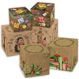 3 x 5 Weihnachtsschachteln in braun grün rot im SET - kleine Geschenkboxen verschiedener Größen