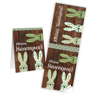 Geschenkaufkleber für Ostern in Holzoptik - 7,2 x 21 cm - braun grün mit Text Kleiner Hasengruß 100 Stück