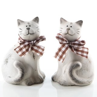 2 kleine Katzen Figuren aus Keramik in beige grau - 11 cm -  Deko zum Hinstellen