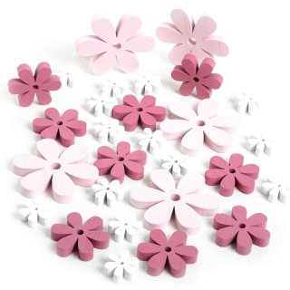 29 Blumen aus Holz in rosa + pink + weiß - 2,5-6,5 cm - Streudeko Blümchen