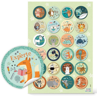 Belohnungsaufkleber für Kinder mit bunten Tieren - 4 cm rund - Belobigung Motivationsaufkleber 24 Aufkleber / 1 Bogen