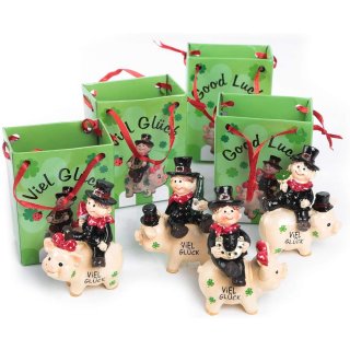 4 Schornsteinfeger Figuren auf Glücksschwein mit Tüte "Viel Glück"