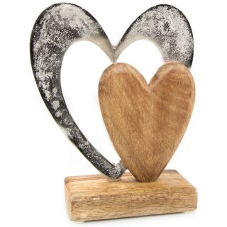 Herz aus Holz & Metall zum Hinstellen -  21 cm braun silber - für Geburtstag Valentintstag