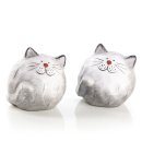 2 kugelrunde Katzen Figuren zum Hinstellen - 7,5 cm grau wei&szlig; &ndash; Katzenpaar aus Keramik