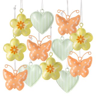 12 Bunte Metallanhänger 4 cm - Herz + Blume + Schmetterling