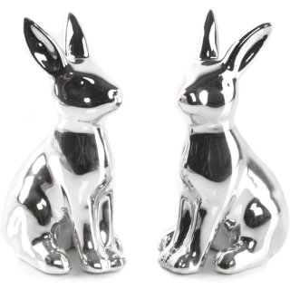 2 kleine Osterhasen Figuren aus Porzellan - Silber 13 cm – Moderne Osterdeko zum Hinstellen