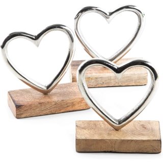 3 Metallherzen auf Holzsockel zum Hinstellen - 10 cm - Deko Herzen als Geschenk an Muttertag Valentinstag