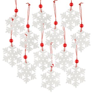 12 kleine Schneeflocken Weihnachtsanh&auml;nger aus Holz wei&szlig; rot 6,5 cm