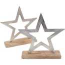 2 Sterne Figuren zum Hinstellen 21 cm aus Holz + Metall silberfarben