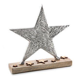 Dekofigur Stern aus Holz + Metall - Weihnachtsfigur Silber braun