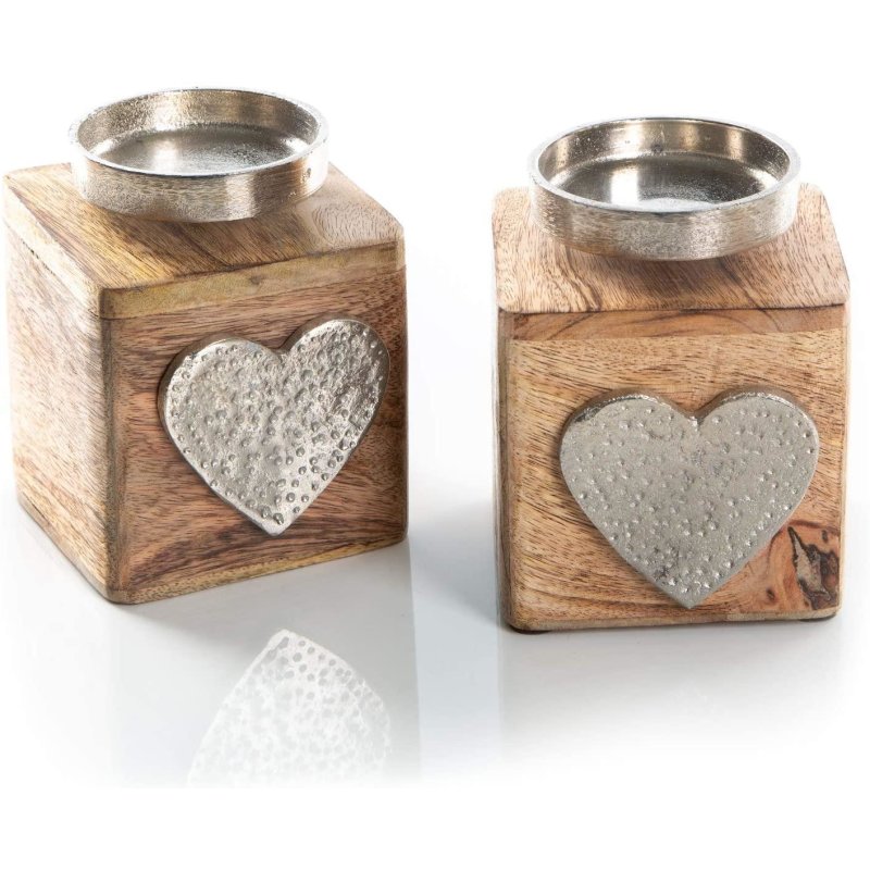 2 Kerzenhalter aus Vintage Holz - + mit Herz Metall Teelichthalter