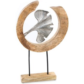 Deko Skulptur zum Hinstellen aus Holz & Metall mit Ginkgo Blatt - 46 cm