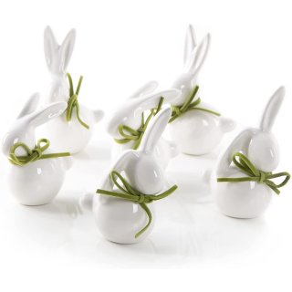 6 kleine Osterhasen Figuren weiß mit grüner Schleife - aus Keramik 7-9 cm