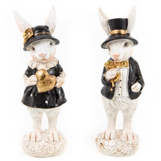 2 Hasen Figuren zum Hinstellen schwarz gold weiß - Osterhasen Brautpaar
