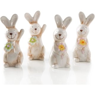 4 Hasen Figuren aus Keramik 10 cm - kleine Osterhasen in cremefarben