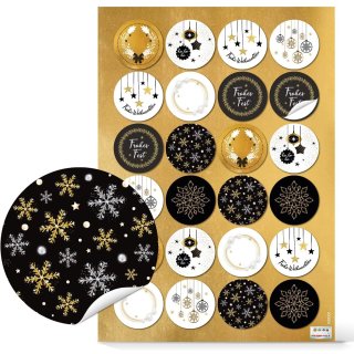 Weihnachtsaufkleber schwarz weiß gold - 4 cm selbstklebend 24 Aufkleber / 1 Bogen