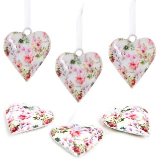 6 Herzanhänger rosa weiß vintage mit Blumen-Motiv - Geschenkanhänger aus Metall 5 cm