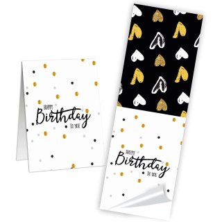 Lange Geschenkaufkleber HAPPY BIRTHDAY - 5 x 14,8 cm - schwarz gold weiß mit Herzen