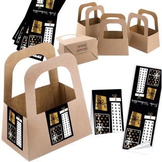 5 Geschenktaschen aus Kraftpapier + 10 Weihnachtsaufkleber schwarz gold