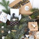 Runde Weihnachtsaufkleber - 4 cm - Merry Christmas Kugeln gold schwarz weiß