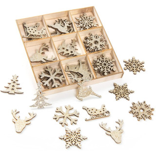 36 kleine weihnachtliche Streuteile aus Holz - gold glitzernd