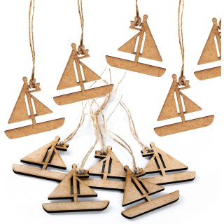 10 kleine Holz Segelschiffe mit Schnur zum Aufhängen - 6 cm
