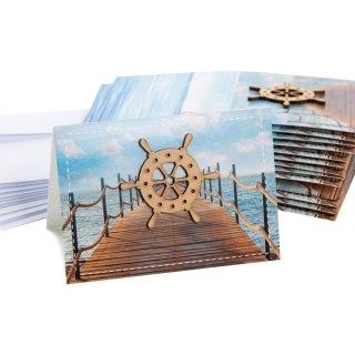 Maritime Geburtstagskarten mit Kuvert + Steuerrad aus Holz