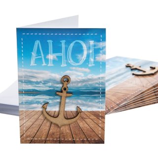 Maritimes Grußkarten Set Ozean mit Text AHOI + Holzanker Deko + Kuvert