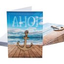 Maritimes Gru&szlig;karten Set Ozean mit Text AHOI + Holzanker Deko + Kuvert