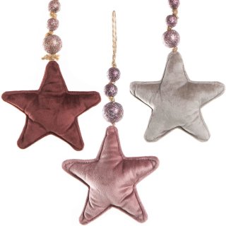 3 Samt Sterne zum Aufhängen mit Schnur und Glitzerkugeln - rosé grau