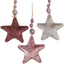 3 Samt Sterne zum Aufh&auml;ngen mit Schnur und Glitzerkugeln - ros&eacute; grau