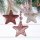 3 Samt Sterne zum Aufh&auml;ngen mit Schnur und Glitzerkugeln - ros&eacute; grau