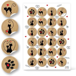 Runde Katzen Aufkleber in Kraftpapieroptik mit Herz - braun schwarz rot 96 Aufkleber / 4 Bögen