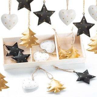 18 Weihnachtsanhänger in schwarz, Gold & weiß - 5 cm aus Metall