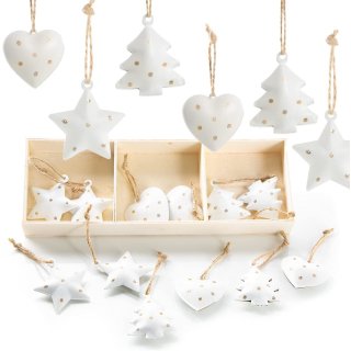 18 kleine Weihnachtsanhänger aus Metall - weiß Gold gepunktet