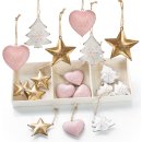 18 kleine Christbaumanhänger aus Metall Herz + Stern + Baum - rosa Gold weiß 